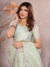 pista green banarasi silk saree with cutwork design